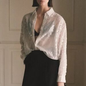 MANGO Button-Up Sequin White Semi-Sheer Blouse